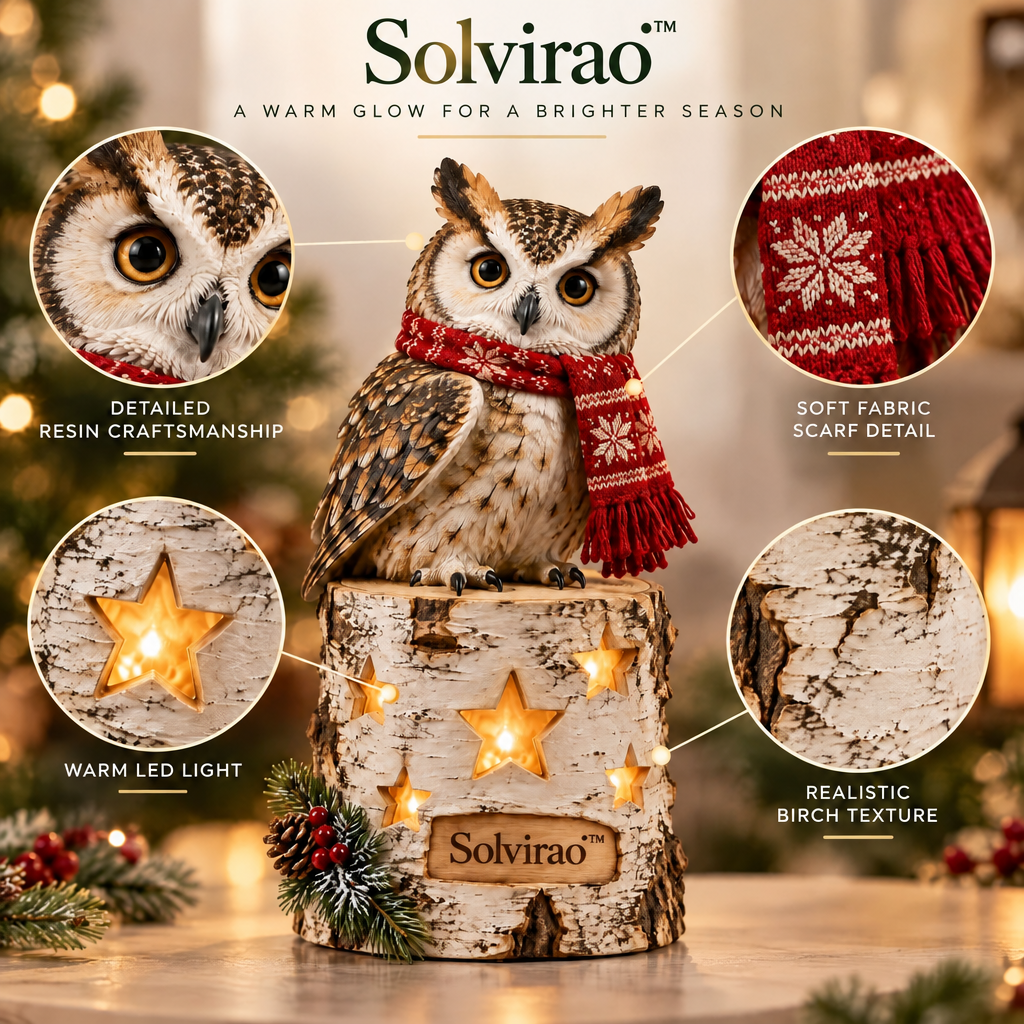 Solvirao™ Light-Up Birch Stump Owl with Red Scarf LED Christmas Decor