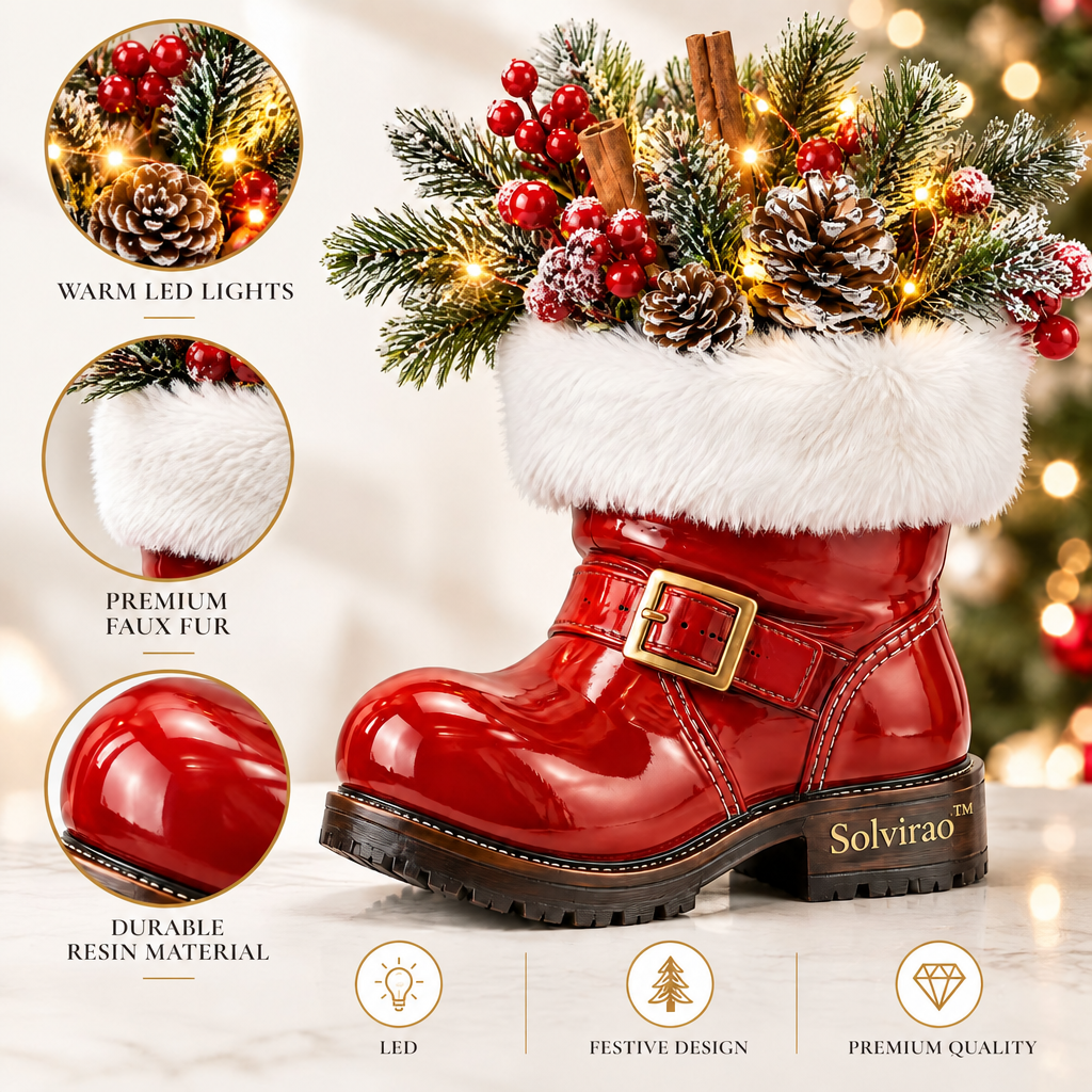 Solvirao™ Lighted Santa Boot Pinecone & Berry LED Tabletop Decor