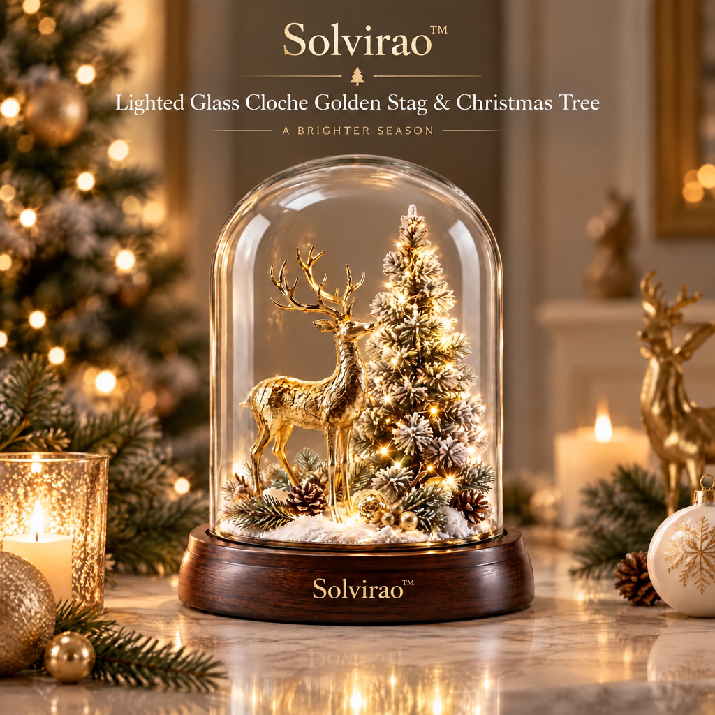 Solvirao™ Lighted Glass Cloche Golden Stag & Christmas Tree LED Night Light