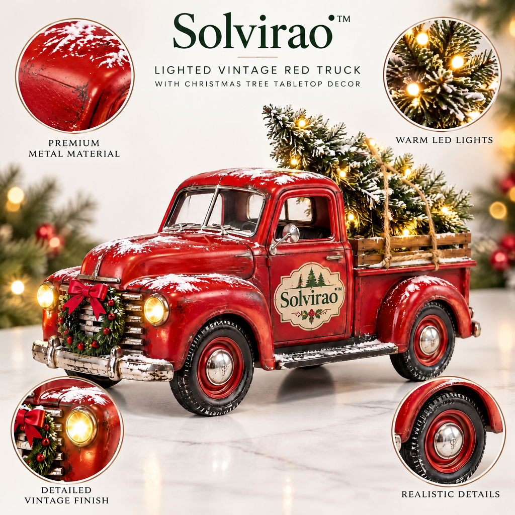 Solvirao™ Lighted Vintage Red Truck with Christmas Tree Tabletop Decor