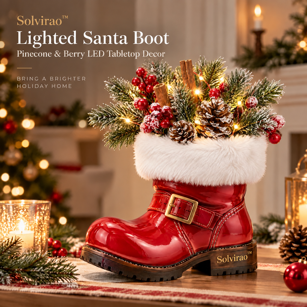 Solvirao™ Lighted Santa Boot Pinecone & Berry LED Tabletop Decor