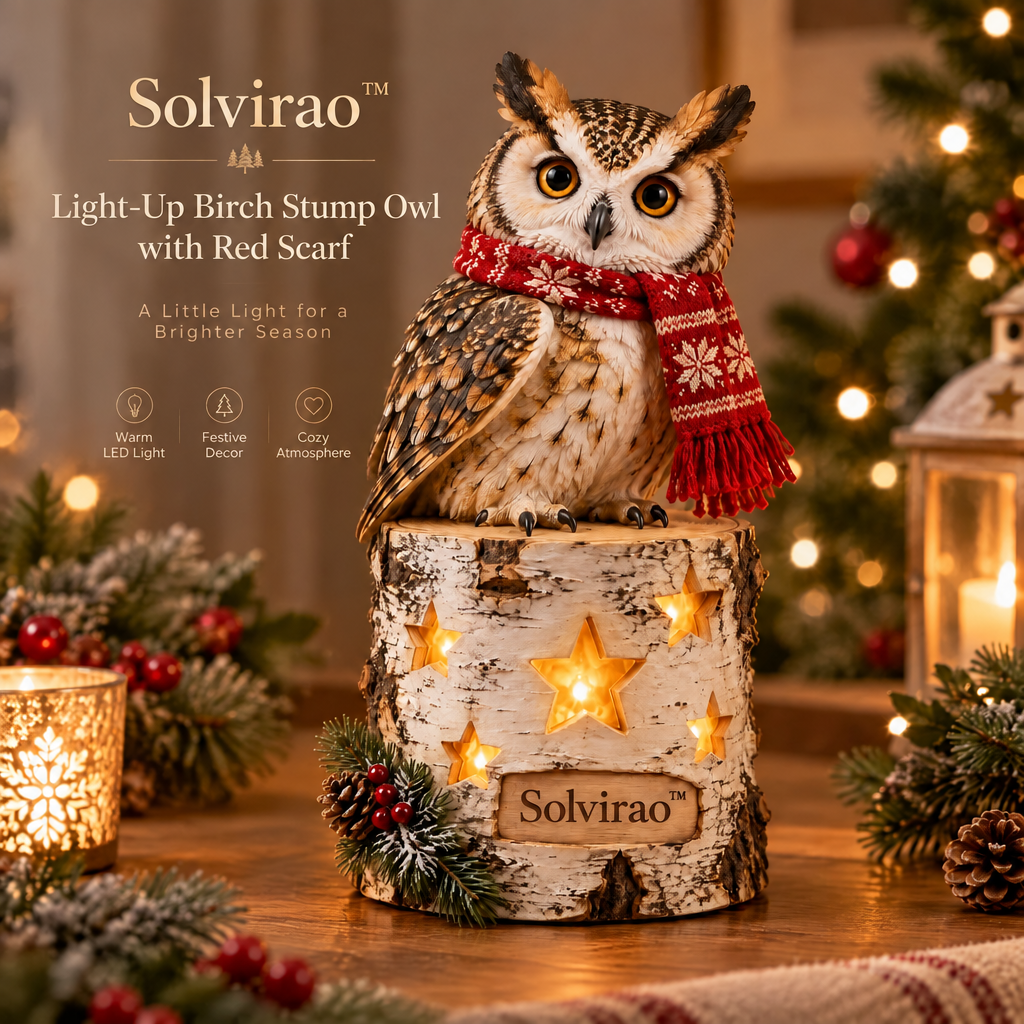 Solvirao™ Light-Up Birch Stump Owl with Red Scarf LED Christmas Decor
