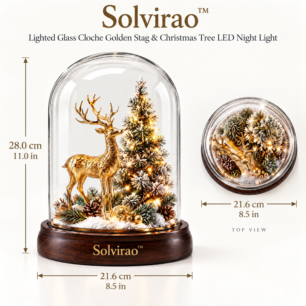 Solvirao™ Lighted Glass Cloche Golden Stag & Christmas Tree LED Night Light