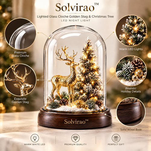 Solvirao™ Lighted Glass Cloche Golden Stag & Christmas Tree LED Night Light