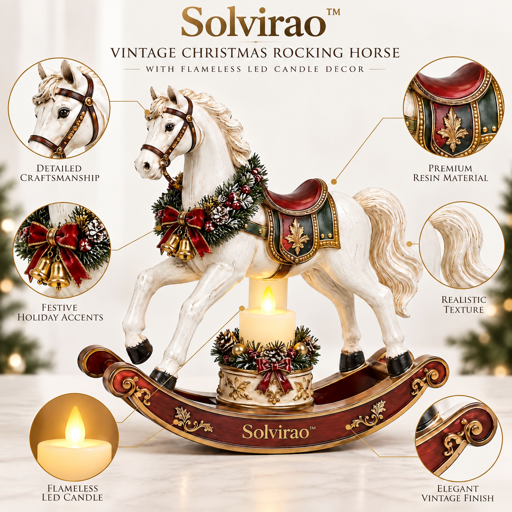 Solvirao™ Vintage Christmas Rocking Horse with Flameless LED Candle Decor