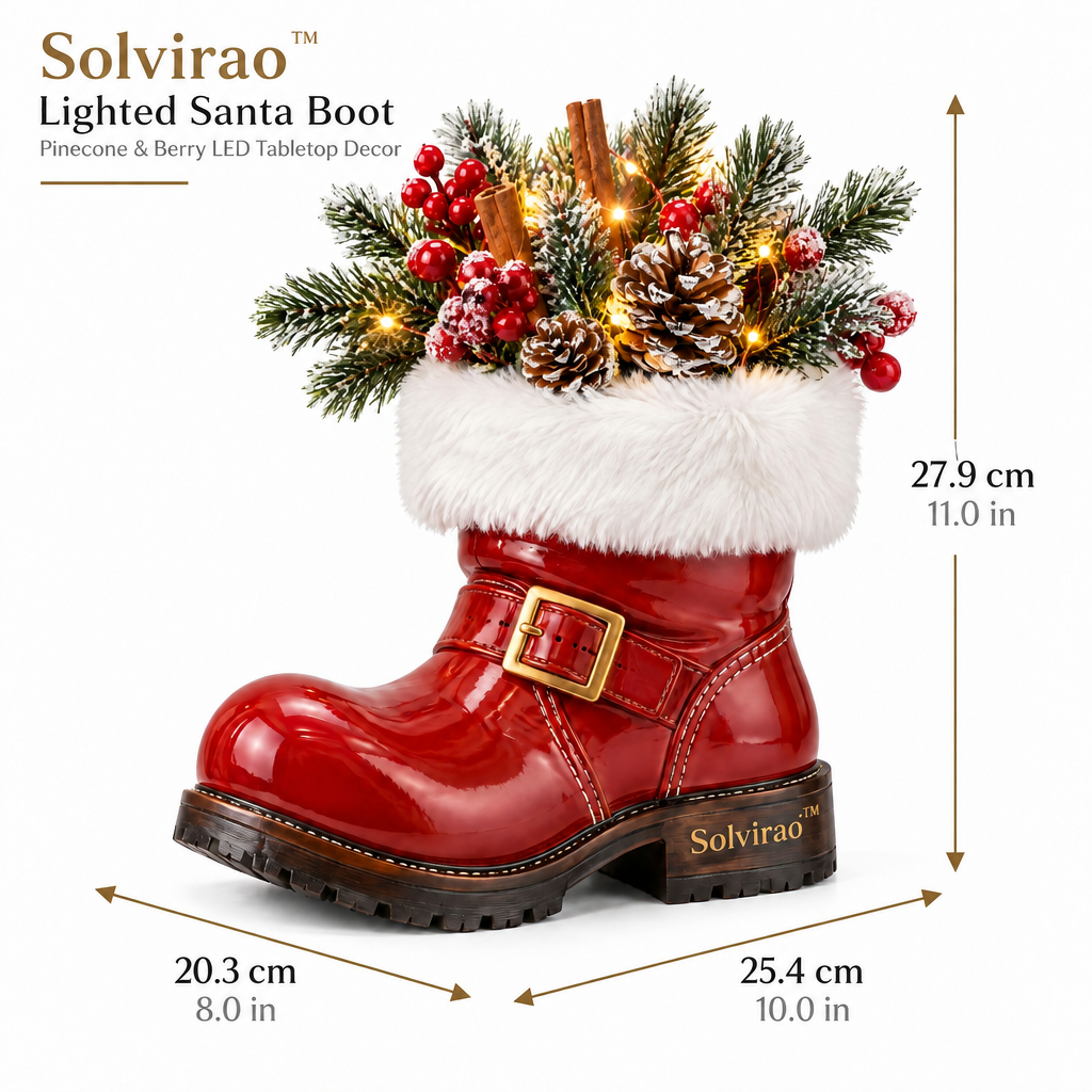Solvirao™ Lighted Santa Boot Pinecone & Berry LED Tabletop Decor