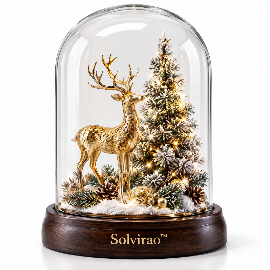 Solvirao™ Lighted Glass Cloche Golden Stag & Christmas Tree LED Night Light