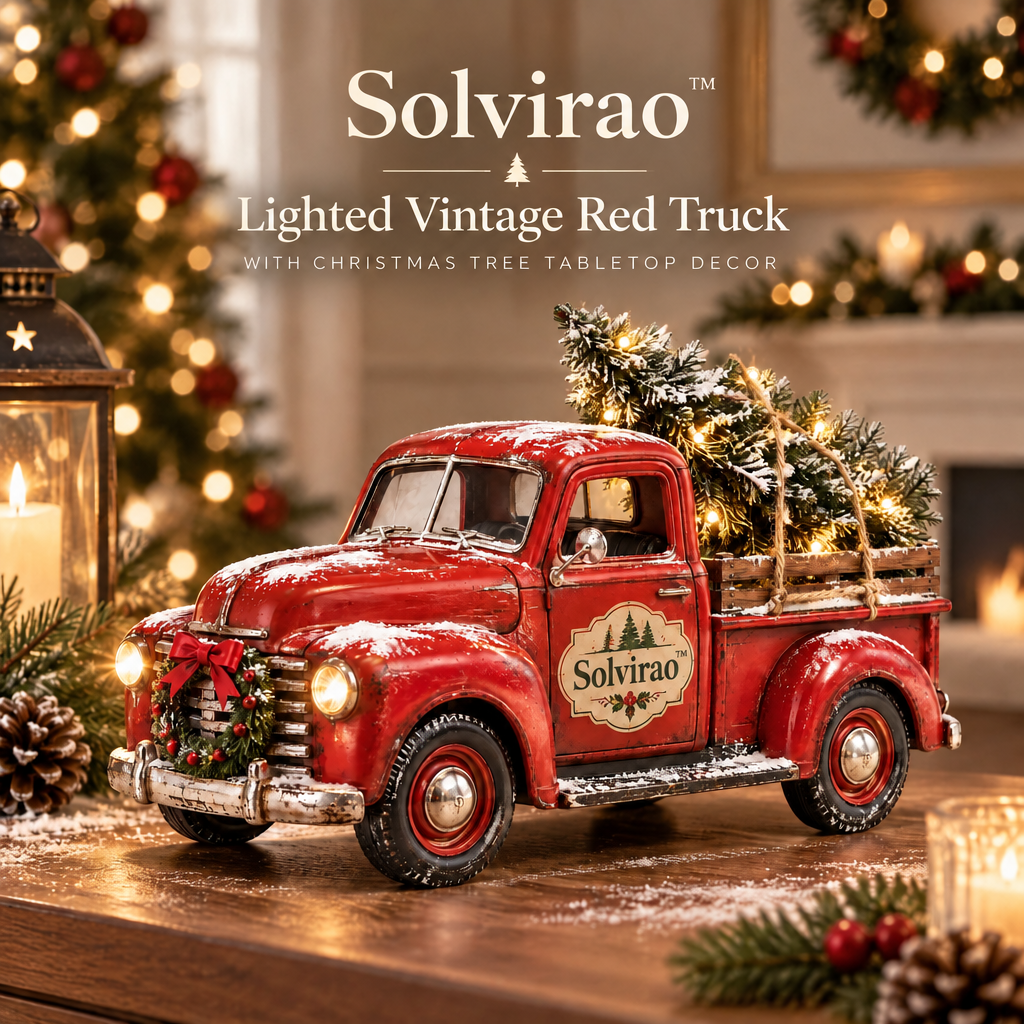 Solvirao™ Lighted Vintage Red Truck with Christmas Tree Tabletop Decor